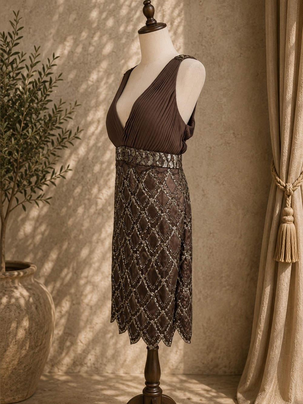 Sue Wong Nocturne Beaded Sequin Cocktail Dress Brown Art Deco Gatsby Size 14 - Picture 4 of 9